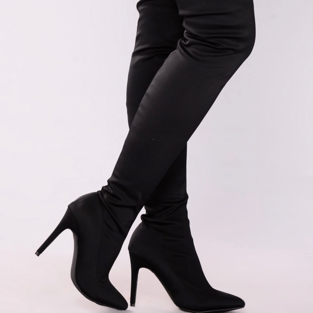 Black Lycra thigh high boots